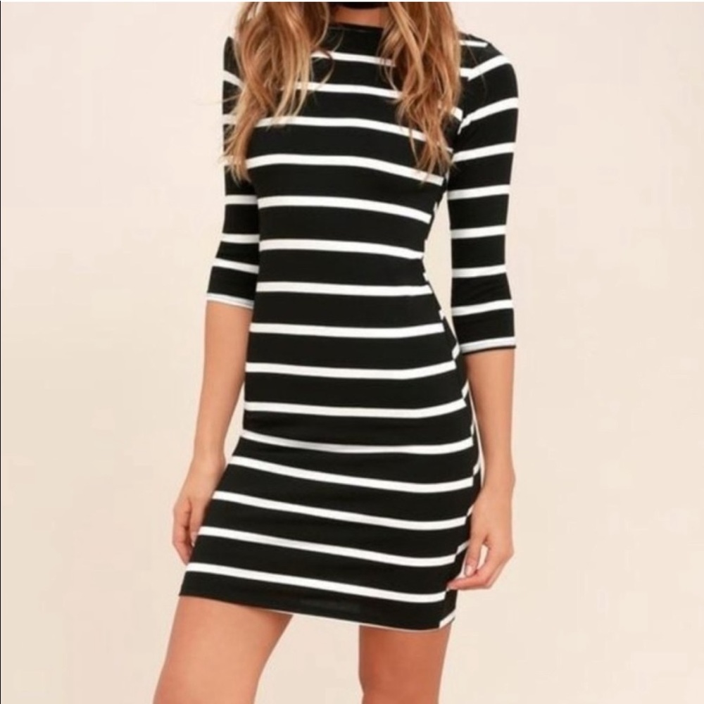 Lulu's Black and White Striped Long Sleeve Bodycon Dress
